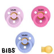 BIBS Colour Schnuller mit Namen, Gr. 2, 1 Violet Sky, 1 Bubblegum, 1 Hush, Rund Latex, (3er Pack)